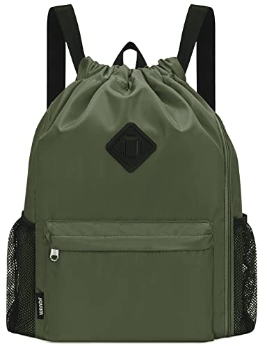 WANDF Mochila con cordón, bolsa de deporte con compartimento para zapatos, mochila de cincha resistente al agua para hombres y mujeres (Verde Oscuro)
