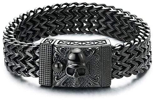 COOLSTEELANDBEYOND Herren Große Schwarz Edelstahl Franco Link Panzerkette Armband mit Piraten Schädel Verschluss