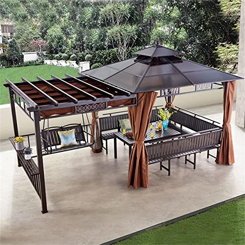 HJDSUDU Hardtop-Pavillon, Doppeldach, Permanenter Outdoor-Pavillon, Pergola-Partyzelt Mit Tisch Und Stühlen, wasserdichte Und Sonnenschutz-PC-Platte, Für Terrasse, Rasen, Garten, Pool,D