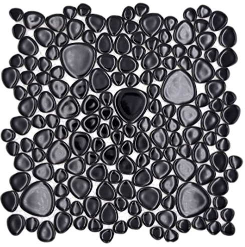 Mosaikfliese Drops Keramik Kieselstein-Optik Dekosteine Dekorsteine Kiesel 27,5x27,5 cm, 1 Mosaikmatte (Schwarz glänzend)