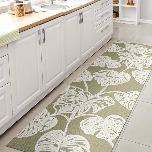 JONATHAN Y HWC100D-28 Tobago High-Low Two-Tone Monstera Leaf Indoor/Outdoor Area Rug, Floral, Coastal, Country, Hinterhof, Terrasse, Veranda, leicht zu reinigen, fusselfrei, 2 x 8, hellgrün/Elfenbein