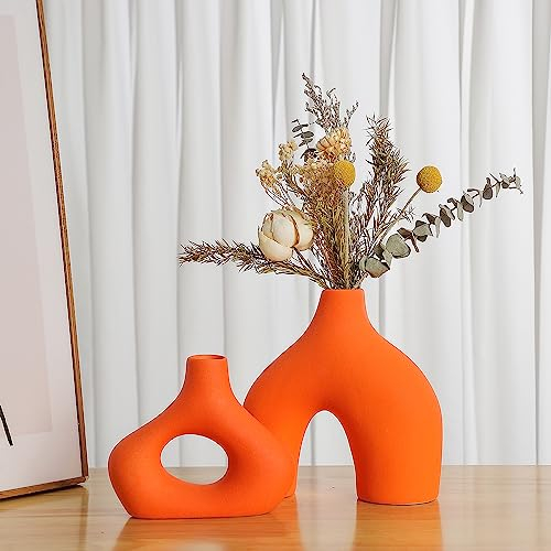 Sawoake Lot de 2 vases en céramique orange pour décoration d'intérieur moderne, ronds, mats, pour herbe de la pampa, style minimaliste bohémien neutre, pour salon, mariage