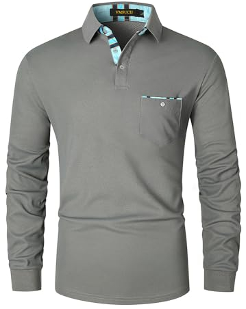 VMSUCIJ Polo Manche Longue Homme Contrasté Plaid épissure Lattice Classique Casual avec Poches,Gris D09,L