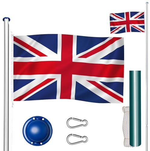 TecTake® Aluminium Flag pole Rust-Free, Including flag, Adjustable Hight system, Hoist System, Extra Long Ground Sleeve, Easy setup Including Rope, Decorative and Durable - United Kingdom