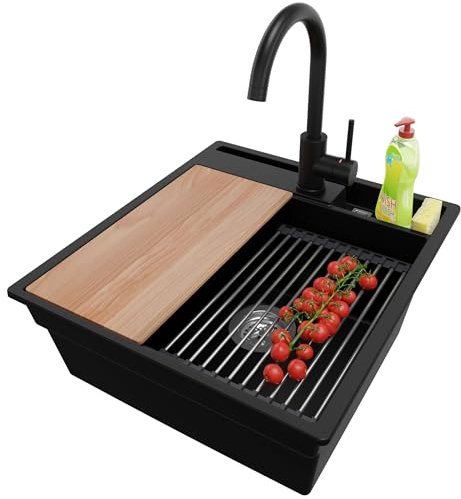 PRIMAGRAN Granitspüle Schwarz 48x53cm, Spülbecken 1 Becken + Küchenarmatur 32x20cm + Ablauf-Set, Küchenspüle ab 50er Unterschrank - Oslo Pocket S161