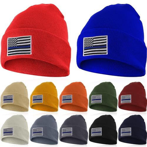 Suhine 12 Stück Winter-Fleece-Uhrenkappe, warme Armee-Militär-Mütze, taktische Beanie-Mütze, amerikanische Flagge, Winter-Totenkopf-Kappe, 12 Farben, MEDIUM