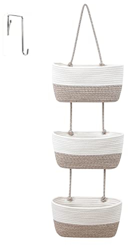 3-Tier Over the Door Hanging Organiser, Cotton Rope Woven, Door Storage with Hook for Bedroom, Nursery (D)
