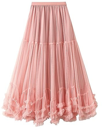 Jupe en Tulle Femme Formelle Haute Basse Asymétrique Moelleuse A-Line Fée Elastique Taille Haute Couches Longue Midi Jupes Tutu avec Ourlet Volants, Rose, taille unique