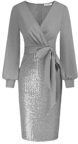 GRACE KARIN Womens Formal Cocktail Party Sequin Dress V-Neck Long Sleeve Evening Dress for Going Out Silver Grey M