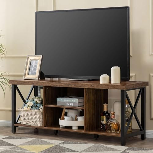 Jolitac TV Stand Cabinet for 55 Inch TV, TV Cabinet with Open Storage, Made of Metal and Wooden, TV Console Unit with Shelving for Living Room, Entertainment Room, Brown