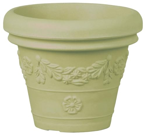 Tera Vase groß Durchmesser 70 cm Höhe 60 cm gekrönt aus hochwertigem Kunstharz großer Topf Terrakotta-Effekt mit Dekorationen, für Innen und Außen (Ø 70 cm, Light Khaki)