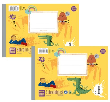 Formati Schreibblock S.6 A5 quer 20 Blatt liniert, 2 Stück, aufbauende Lineatur für Schreibanfänger:innen, aus 100% Recyclingpapier