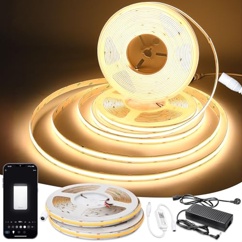 20m WIFI COB LED Strip Alexa Warmweiß, 24V COB LED Streifen Warmweiss Dimmbar LED Band Selbstklebend, 384LEDs/M, APP Steuerbar, LED COB Lichtleiste Warmweiß Kompatibel mit Alexa Google Home