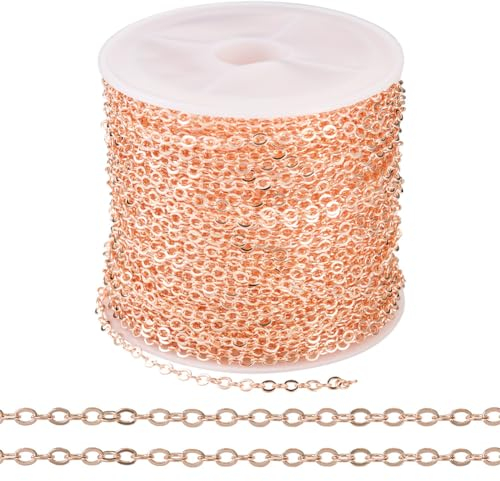 Cheriswelry 32.8 Feet Brass Coated Iron Chains Flat Cross Cable Link Chains Soldered with Spool for Necklace Bracelet Jewelry Making, Rose Gold