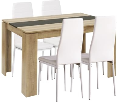 FURNITABLE Esstisch mit 4 Stühlen Esszimmergruppe, 4er Set Esszimmerstühle und Rechteckig Holztisch Essgruppe für Wohnzimmer Küche Büro(120 * 70cm Tisch+4 Weiß Stühle)