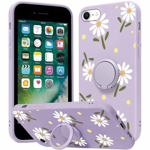 Yoedge Phone case for iPhone 8/SE 2022/7/SE 2020 4.7 inch, 360°Magnetic Ring Holder Kickstand Soft Silicone TPU Shockproof Anti-Scratch Protective Resistant Fashion Purple Flower Aesthetics Pattern