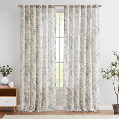 TOPICK Leinen Gardinen Floral Vorhänge mit verdeckten Schlaufen Lichtdurchlässig Bauernhaus Lang Gardinen Fensterschal für Wohnzimmer Schlafzimmer Fenster,2er Set 140 B x 225 H (cm),Grau auf Beige