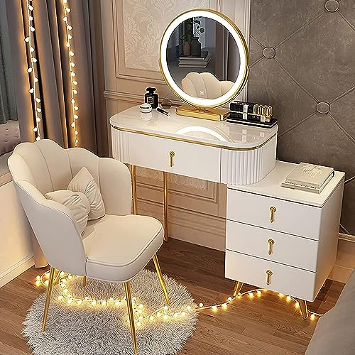 Schminktisch,Frisiertisch mit LED-beleuchtetem Spiegel, gepolstertem Hocker und Beistellschrank, Schminktisch, Kommode, Make-up-Set, goldene Edelstahlbeine (Farbe: Grau-100 cm/39,3 Zoll) (We