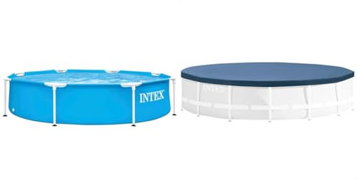 Intex 28205NP - Piscina Desmontable Redonda Metal Frame Familiar Color Azul, Medidas Ø244x51 cm & 50966 - Cobertor para Piscinas Desmontables Metal y Prism Frame 305 cm
