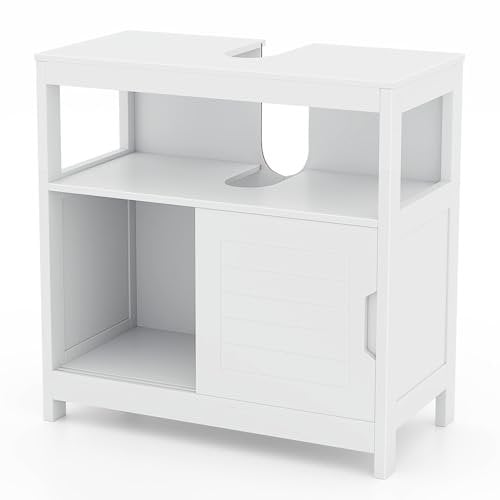 GIANTEX Mobiletto Sotto Lavabo, Mobile Bagno con Uscita a Forma di U, 2 Ante Scorrevoli con Maniglia, Piedini Stabili, Mobiletto per Lavabo a Colonna Bianco per Bagno, WC, Lavanderia