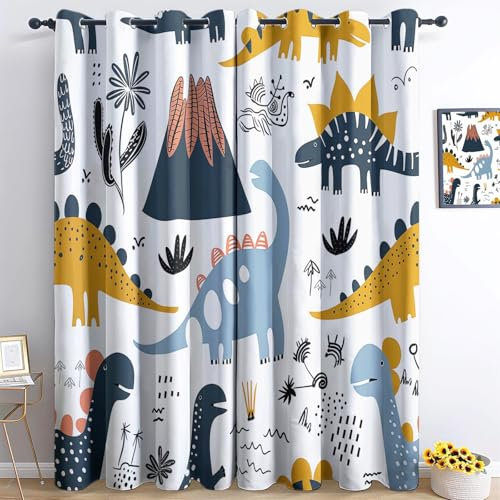 CozyRest Blickdichte Gardinen Cartoon-Dinosaurier Und Vulkan Verdunkelungsvorhang - Vorhang mit Ösen Geräuschreduzierung für Schlafzimmer Sci-Fi-Malstil H160 x B70cm, 2er Set
