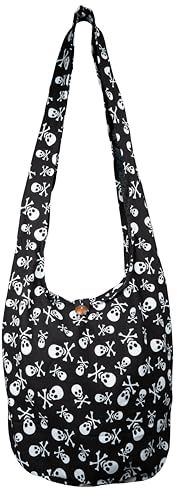 CCcollections Umhängetasche aus Baumwolle, große Boho-Hippie-Hobo-Handtasche mit 40 Drucken – Unisex-Umhängetasche (Skull Black)