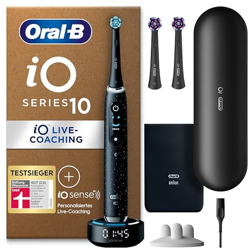 Oral-B iO Series 10 Plus Edition Elektrische Zahnbürste/Electric Toothbrush, PLUS 3 Aufsteckbürsten (inkl. 2x Strahlendes Weiss), 7 Modi für Zahnpflege, Lade-Reiseetui, Designed by Braun, cosmic black