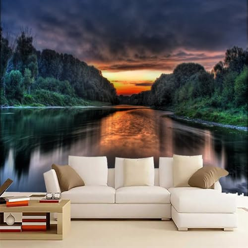 DAXONA dunkler Nebelwald Tapete 140Wx100Hcm, Lake Reflection Green Tree 3D-Wandbild, Seidenstoff Schlafzimmer Restaurant Dekoration Wohnzimmer – nicht selbstklebend