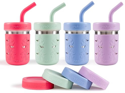 Pandaloo® Stainless Steel Cups 10oz | Kids & Toddler Cups with Silicone Sleeves & Straws with Stopper | Spill proof and Leak proof Smoothie Cups (Pink/Sweet Sage/Baby Blue/lilac, Pack of 4)