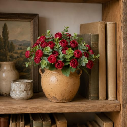 astylishome Artificial Flower Bouquet Artificial Flowers Rose Outdoor UV Resistant Plants Faux Greenery Shrubs Indoor Outside Hanging Planter for Home Wedding Office Table Decoration Gift Red 1717