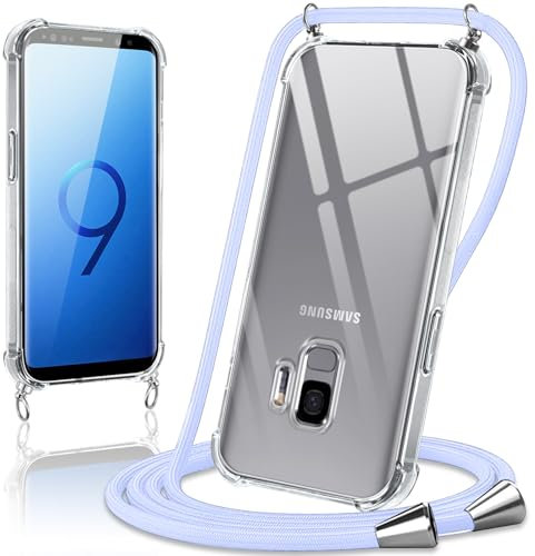 Coiwxmoi Handyband Handyhülle für Samsung Galaxy S9 Hülle mit Band 5.8,Transparent Case mit Kette Abnehmbar zum Umhängen Kordel Schutzhülle,Weich Silikon TPU Stoßfest Cover für Samsung S9,Lila