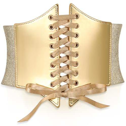 Boyiee Schnür Korsett Taillen Breiter PU Kunstleder ElastischerGürtel für Karneval Party(Gold)