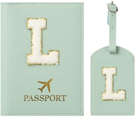 ZVRSUA Porta Passaporto Verde ed Etichette per Valigie Cover,Passaporto con Lettere, Pelle PU,Porta Passaporto da Viaggio Donne, Regalo Donna,Uomo,Adolescenti, Ragazze (Verde L)