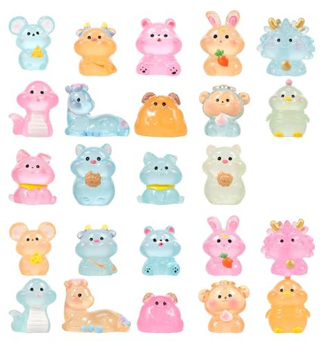 Foppla Lot de 24 mini animaux en résine étanches phosphorescents - Petits animaux décoratifs en résine - Pour bricolage de jardin miniature (mixte)