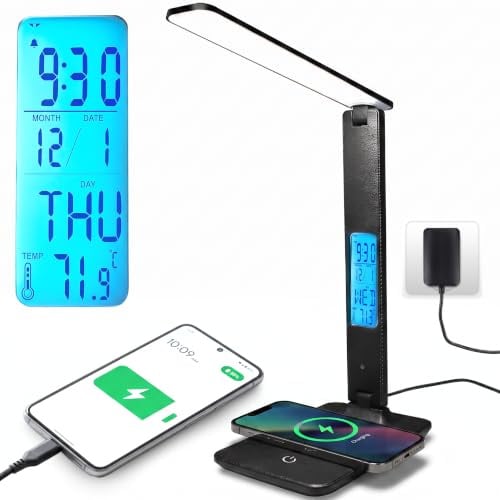 Retoo LED Schreibtischlampe mit Qi-Ladefunktion, 3 Lichtfarben, 7 W, USB | 5 Helligkeitsstufen, Touchpanel, bis 1700 Lux, 120 Grad Lichtwinkel, Display mit Uhrzeit, Datum und Temperatur