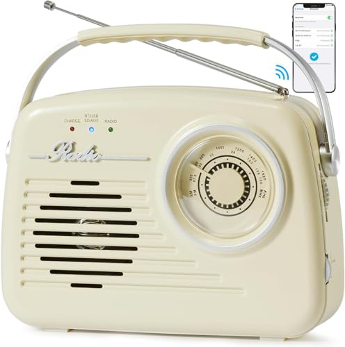 Portable AM FM Radio, Retro Radios Battery Powered & Plug-in Wall, Vintage Radio with Bluetooth, Easy to Use Large Dial for Home/Outdoor/Kitchen (Beige)