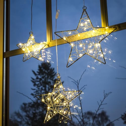 Bambelaa! 3er Set LED Weihnachtssterne aus Metall mit Timer Fensterdekoration Weihnachtsdekoration Lichterdeko Hängedekoration für Weihnachten 15-20 LEDs batteriebetrieben Ø ca. 12cm 18cm 24cm