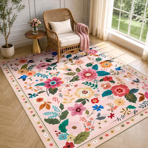 DEFYNEE Tapis Salon Lavable en Machine, Grand Tapis Floral 150×210 cm, Tapis Floral Vintage Bohème Antidérapant À Poils Courts pour Chambre, Cuisine, Entrée, Salon, Decoration, Rose & Beige
