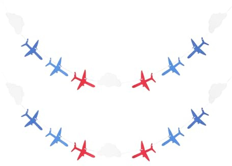 GARVALON 2 Satz Flugzeug Partybanner aus Filz mit Wolken Motiv Hängende Wimpelkette für Kindergeburtstag und Luftfahrt Mottoparty