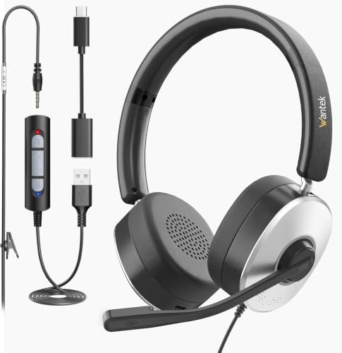 Wantek USB Headset with Microphone Wired On-Ear USB/3.5mm/C Headsets | Audio Control, Plug and play, Clear Call, Noise-canceling microphone for Home Office Online Courses, Skype, Zoom