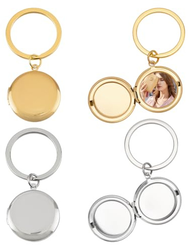 FINGERINSPIRE 4PCS Médaillon Photo pour Porte-clés Porte-clés Médaillon Photo Acier Inoxydable Couleur Or et Acier Inoxydable Charme Médaillons Pendentif pour DIY Cadeaux