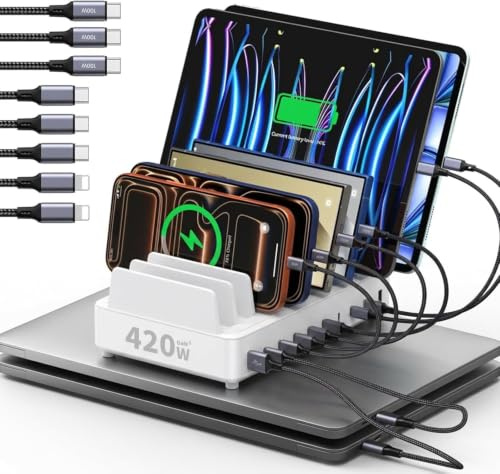 Reddening 420W Ladestation Mehrere Geräte USB C Charging Station, GaN PD3.0 10 Anschlüsse Handy Ladestation Desktop Ladegerät mit Schnell-Laden Kompatibel mit MacBook Pro/Air, iPhone, Galaxy (Weiß)