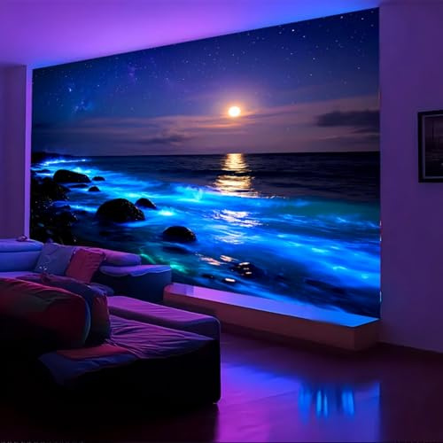 Arsey Schwarzlicht Wandteppich mit Meeresmotiv bei Nacht – Funkelnde Wellen, ein heller Mond und ein glitzernder Sternenhimmel Wandbehang Stoff Aesthetic Wandtücher, 300 x 180cm