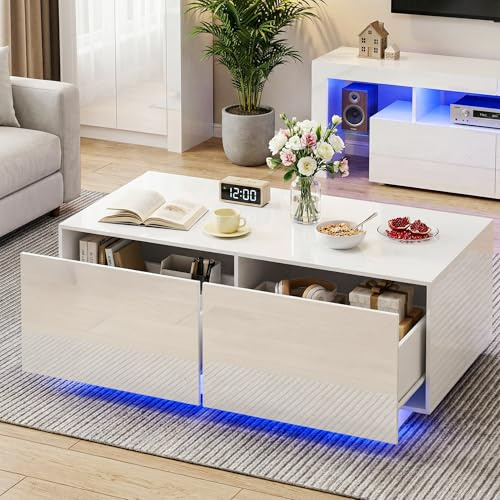 Hyaapwod Couchtisch mit Schublade, Hochglanz, mit LED-Beleuchtung, Weiß | mit offenem Stauraum, 100 x 50 x 40 cm