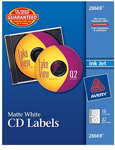 Avery matt weiß CD-Etiketten für Inkjet Drucker, 16 Face Etiketten und 32 Wirbelsäule Etiketten (28669)