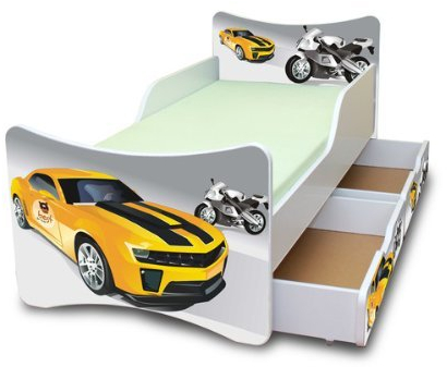Best For Kids Kinderbett mit Schaummatratze mit TÜV Zertifiziert 90x200 MIT Zwei SCHUBLADEN 25 Designs (**Kinder**, Rennfahrzeuge)