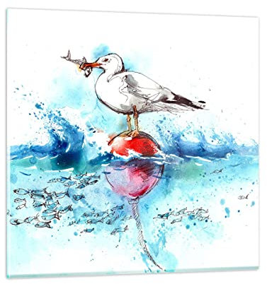 Bilder auf Glas Wasser Fische Möwe hungrig Glasbild 30x30cm Wandbilder Dekoration Wohnzimmer Schlafzimmer Küche Deko Klein Wanddeko Bild im Glas Wand Kunstdruck Art Modern Wall Decor GAC30x30-3047