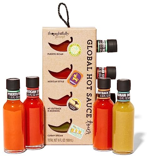 Thoughtfully Global Hot Sauce Chili-Saucen To Go Geschenk-Set - Geschenkbox mit 4 scharfen Saucen - Geschenk für Männer und Frauen