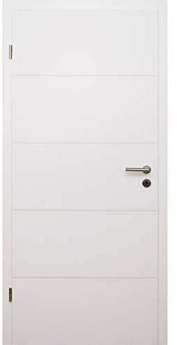 HORI® Zimmertür Komplettset mit Zarge und Türdrücker I Innentür weiß lackiert mit 4 Querstreifen I Höhe 198,5 cm I Anschlag, Breite und Wandstärke wählbar I DIN links I 1985 x 610 x 120 mm