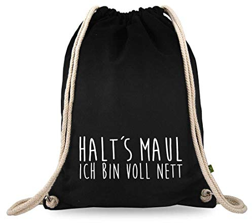 Turnbeutelliebe® Turnbeutel mit Spruch - halts Maul ich Bin voll nett - Baumwolle schwarz - Sportbeutel - Rucksack - Bag - ca. 12 Liter - 37 x 46 cm